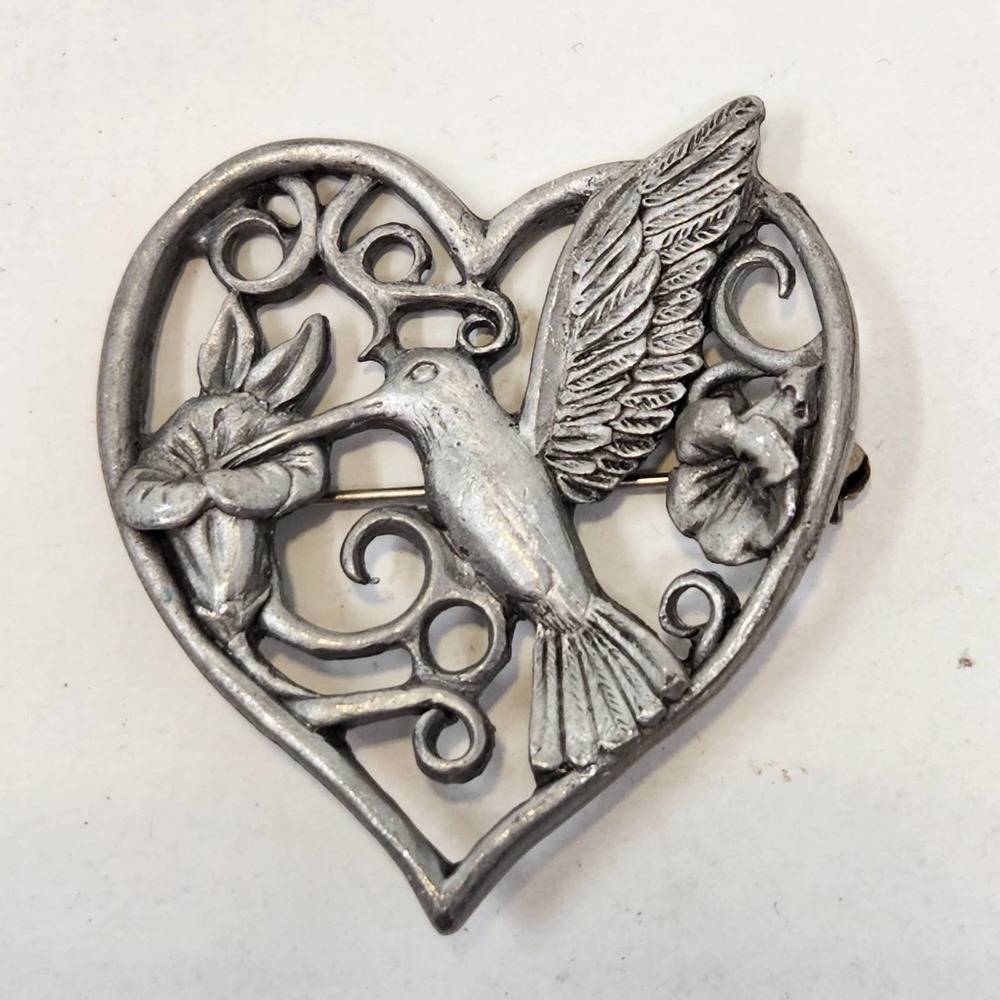 Spoon Vintage Pewter Heart Hummingbird Brooch Pin Floral Open Work Silver Tone